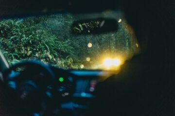 person riding on car across green trees