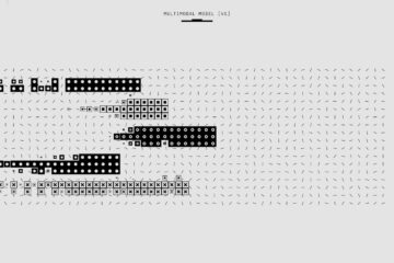 Abstract black and white graphic featuring a multimodal model pattern with various shapes.