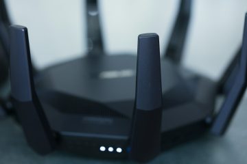 A close-up of a wireless router.