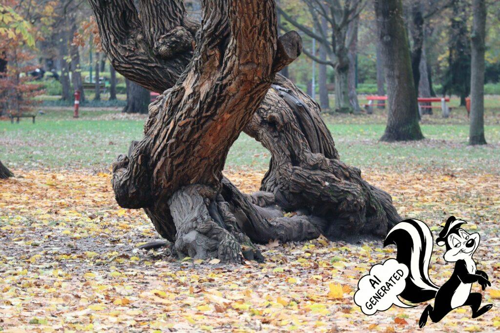 a tree that has fallen leaves in a park
