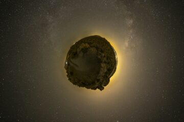 floating rock on galaxy illustration