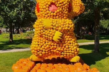 a sculpture made out of pumpkins in a park