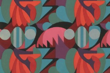 Colorful abstract pattern with floral and geometric elements.