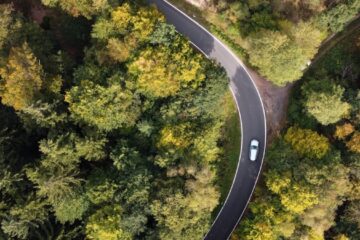 an aerial view of a winding road surrounded by trees